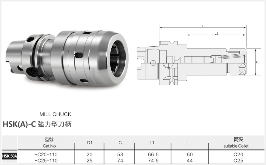 hsk50A強(qiáng)力刀柄規(guī)格尺寸圖