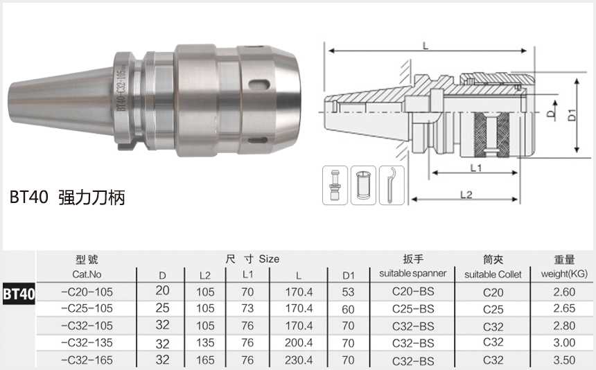 bt40強(qiáng)力刀柄規(guī)格尺寸圖