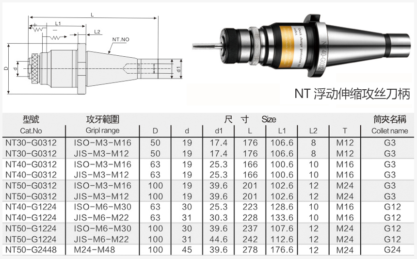 NT浮動伸縮攻絲刀柄規格尺寸圖